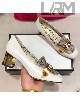 Gucci Leather GG Mid-heel Slide Pump with Feline Head Buckle White 2019