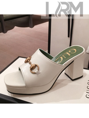 Gucci Leather Horsebit Mid-Heel Platform Slide Sandal ‎602390 White 2020