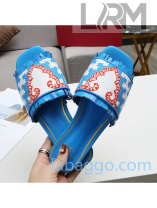 Valentino Print Fringe Flat Slide Sandals Blue 2020