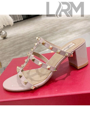 Valentino Rockstud Patent Leather Slide Sandal 6cm Light Pink 2021