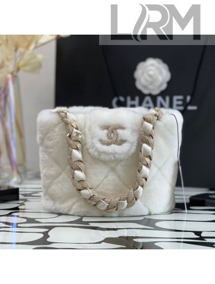 Chanel Shearling Lambskin Bucket Bag with Crystal Strap AS2257 White 2021