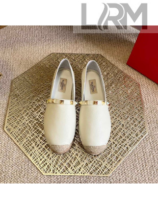 Valentino Rockstud Litchi-Gained Leather Espadrilles White 2022 