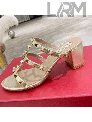 Valentino Rockstud Calfskin Slide Sandal 6cm Gold 2021