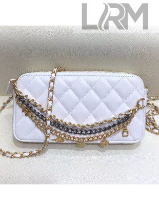 Chanel Quilted Smooth Leather Chain Tassel Clutch with Chain A86032 White 2019