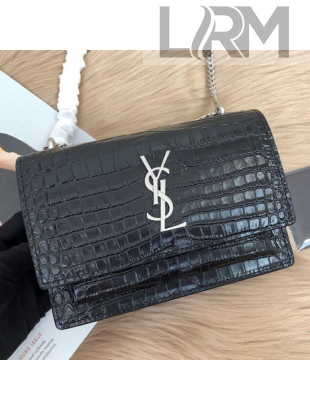 Saint Laurent Sunset Chain Wallet in Crocodile Embossed Leather 452157 Black/Silver 2019