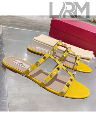 Valentino Rockstud Patent Leather Flat Slide Sandal Yellow 2021