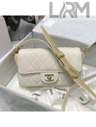 Chanel Quilted Grained Calfskin Flap Bag with Belt Strap AS2273 White 2021