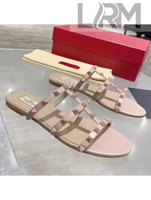 Valentino Rockstud Matte Calfskin Flat Slide Sandal Nude Pink 2021