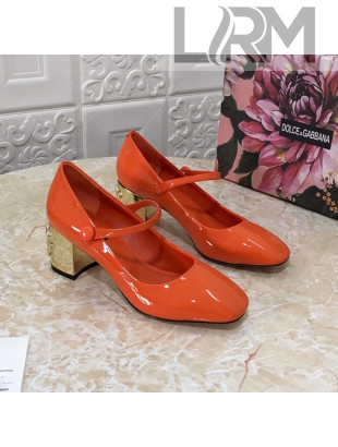 Dolce & Gabbana DG Patent Leather Mary Janes Pumps Orange/Gold 2021 111506