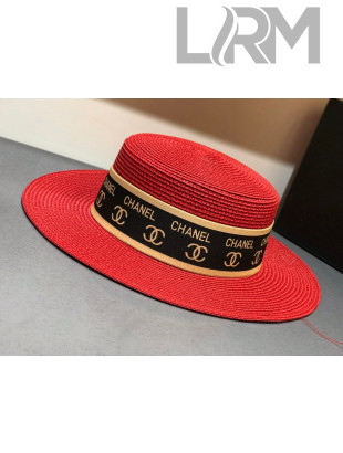 Chanel Straw Wide Brim Hat Red C69 2021