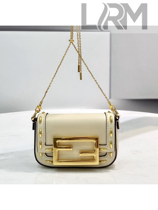 Fendi Nano Baguette Charm in Metal Stitching Leather White 2021