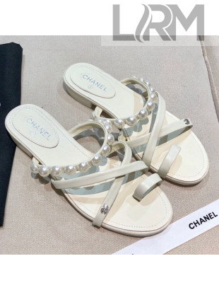 Chanel Lambskin Pearl Flat Slide Sandals G37274 White 2021