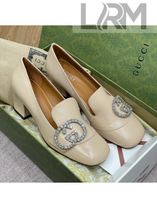 Gucci Leather Loafer Pumps 5cm with Crystal Double G Beige 2022