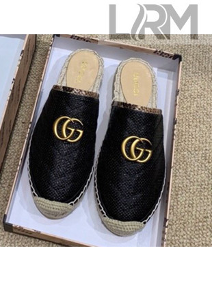 Gucci Chevron Raffia Flat Espadrille Mules with Double G 578554 Black 2019