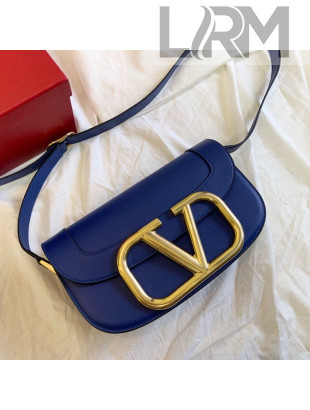 Valentino Supervee Calfskin Maxi-Logo Crossbody Bag 1011L Dark Blue/Gold 2020