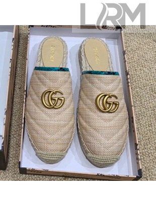 Gucci Chevron Raffia Flat Espadrille Mules with Double G 578554 Light Beige/Green 2019