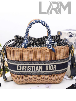 Dior Wicker Basket Tote Bag in Blue Oblique Jacquard and Natural Wicker 2021