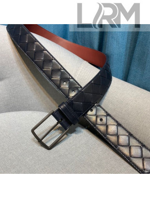 Bottega Veneta Woven Leather Belt 35mm with Matte Frame Buckle Navy Blue 2019