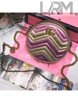 Gucci Laminated Leather GG Marmont Mini Round Shoulder Bag 550154 Gold/Pink 2019