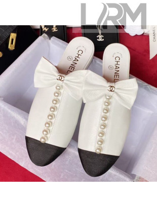 Chanel Wax Calfskin Flat Mules with Pearl and Bow White 2021