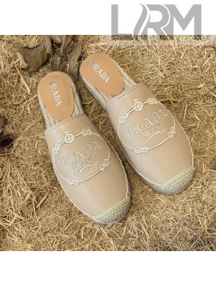 Prada Lambskin Logo Embroidered Espadrille Mules Beige 2021