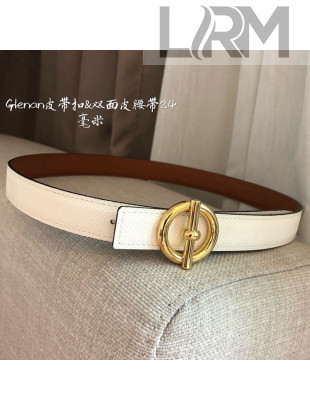 Hermes Glenan Reversible Calfskin Belt 24mm with Ring Buckle White/Gold 2021