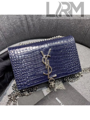 Saint Laurent Kate Small with Tassel in Embossed Crocodile Shiny Leather 354120 Blue