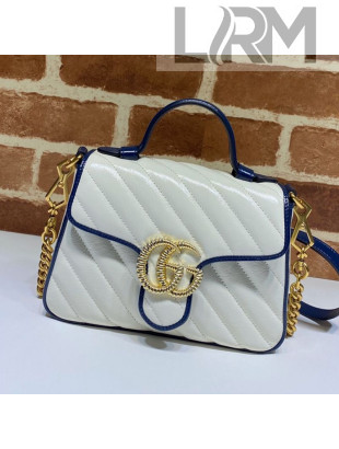 Gucci GG Marmont Diagonal Leather Mini Top Handle Bag 583571 White/Navy Blue 2020