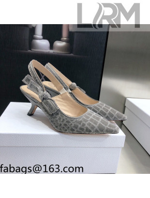 Dior J'Adior Slingback Pumps 6.5cm in Grey Crocodile-Effect Embroidered Velvet 2021