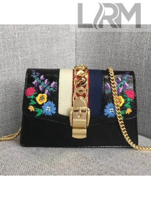 Gucci Sylvie Embroidered Flower Patent Leather Mini Chain Bag 494646 Black 2018