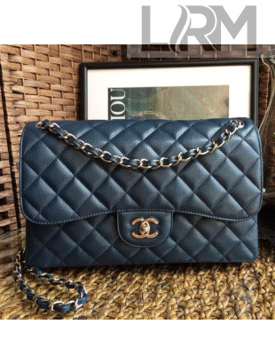 Chanel Jumbo Quilted Grained Calfskin Classic Large Flap Bag Navy Blue/Gold 2020