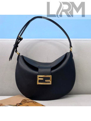 Fendi Small Croissant Leather Hobo Bag Black 2021