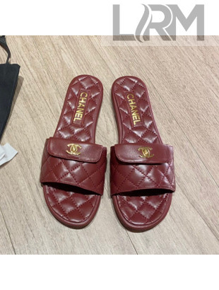 Chanel Leather Foldover Flat Slide Sandals Burgundy 2021