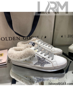 Golden Goose Super-Star Sabots in White Leather with Shearling Lining and Silver Star 2021