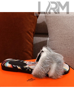 Hermes Oran Mink Fur Flat Slide Sandals Grey/White 2021