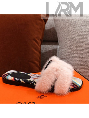 Hermes Oran Mink Fur Flat Slide Sandals Pale Pink 2021