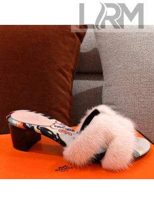 Hermes Oran Mink Fur Heeled Slide Sandals Pale Pink 2021