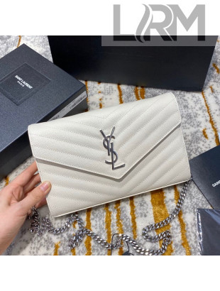 Saint Laurent Monogram Chain Wallet in Grained Leather 377828 White/Silver 2021