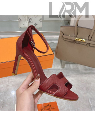 Hermes Premiere Grained Leather Heel 9cm Sandals Burgundy 2021 28