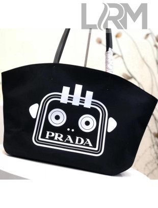 Prada Printed Canvas Large Tote with Robot Logo Print 1BG220 Black 2018