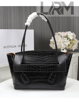 Bottega Veneta Arco Medium Crocodile Embossed Leather Top Handle Bag Black 2019