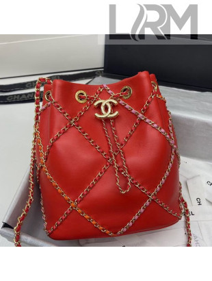 Chanel Chain Quilted Lambskin Bucket Bag AS2386 Red 2021