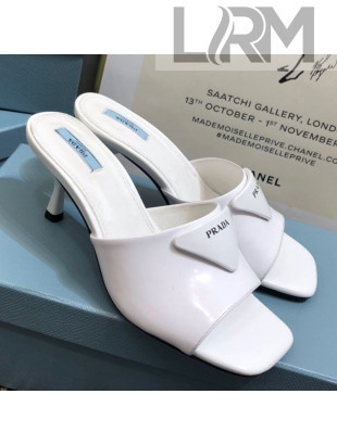 Prada Shiny Leather Heel Slide Sandals White 2021