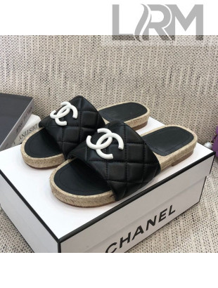 Chanel Quilted Lambskin Flat Espadrilles Slide Sandals Black 2021