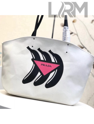 Prada Printed Canvas Large Tote with Bananas Logo Print 1BG220 White 2018