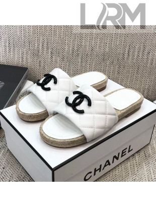 Chanel Quilted Lambskin Flat Espadrilles Slide Sandals White 2021