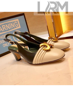 Gucci Leather Mid-heel Slingback Pump with Half Moon GG ‎572818 White/Black 2019