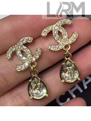 Chanel CC Crystal Stone Pendant Short Earrings Gold/Crystal White 2019