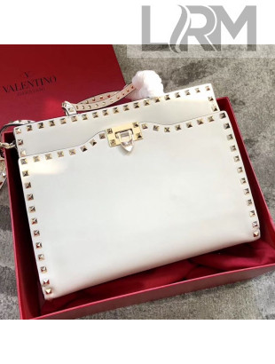 Valentino Smooth Calfskin Rockstud Large Top Handle Bag White Fall 2018