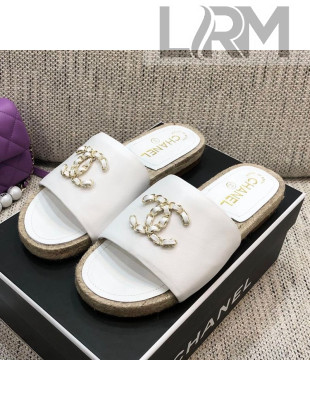 Chanel Chain CC Lambskin Espadrilles Slide Sandals White 2021